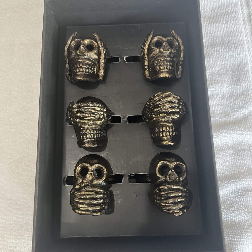 Rachel Zoe Set Of 6 Skull Napkin Rings See Hear Speak No Evil Antique Gold Metal